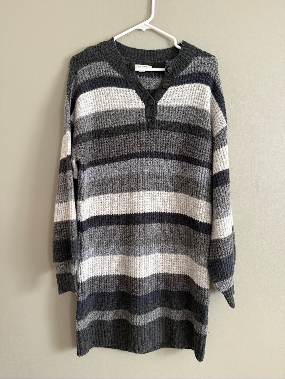 American Eagle Striped Cozy Waffle Knit Sweater Dress Gray Cream Size Medium